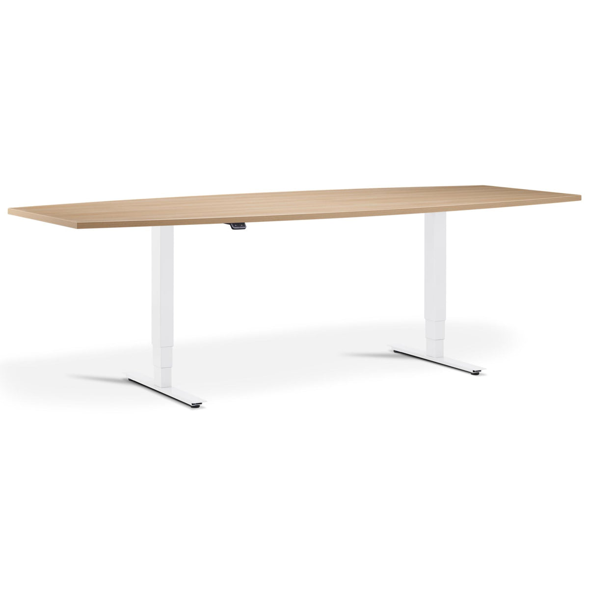 Height Adjustable Office Meeting Room Table - Altura Core Barrel End - White Frame - Natural Oak Top - Studio Image