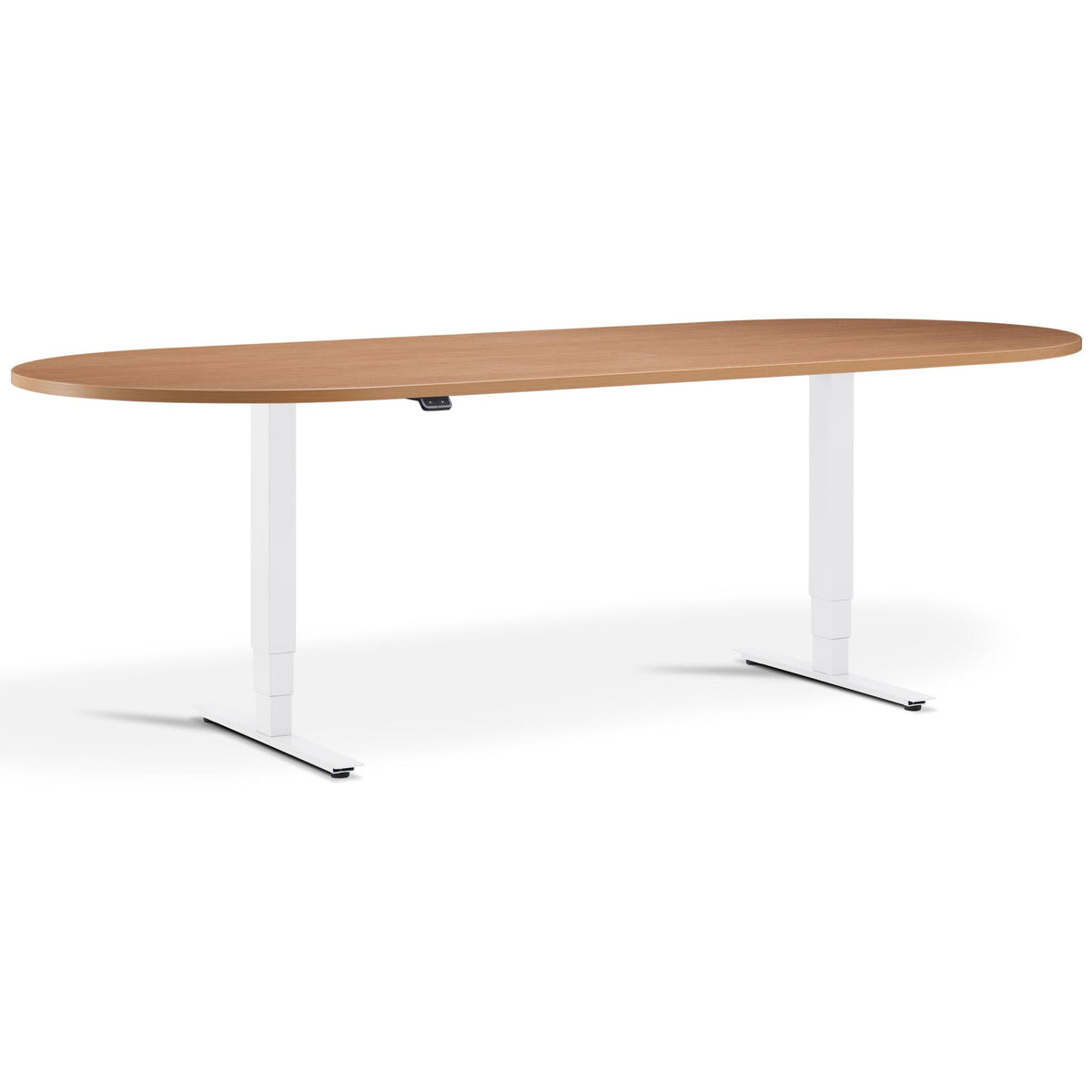 Height Adjustable Office Meeting Room Table - Altura Core D End - White Frame -  Beech Top - Studio Image