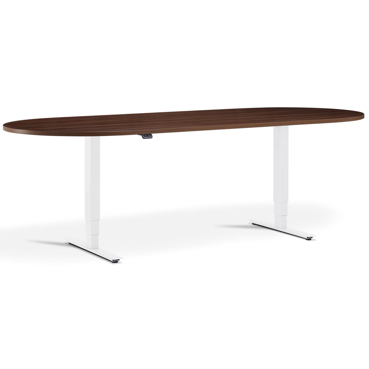 Height Adjustable Office Meeting Room Table - Altura Core D End - White Frame -  Natural Dijon Walnut Top - Studio Image