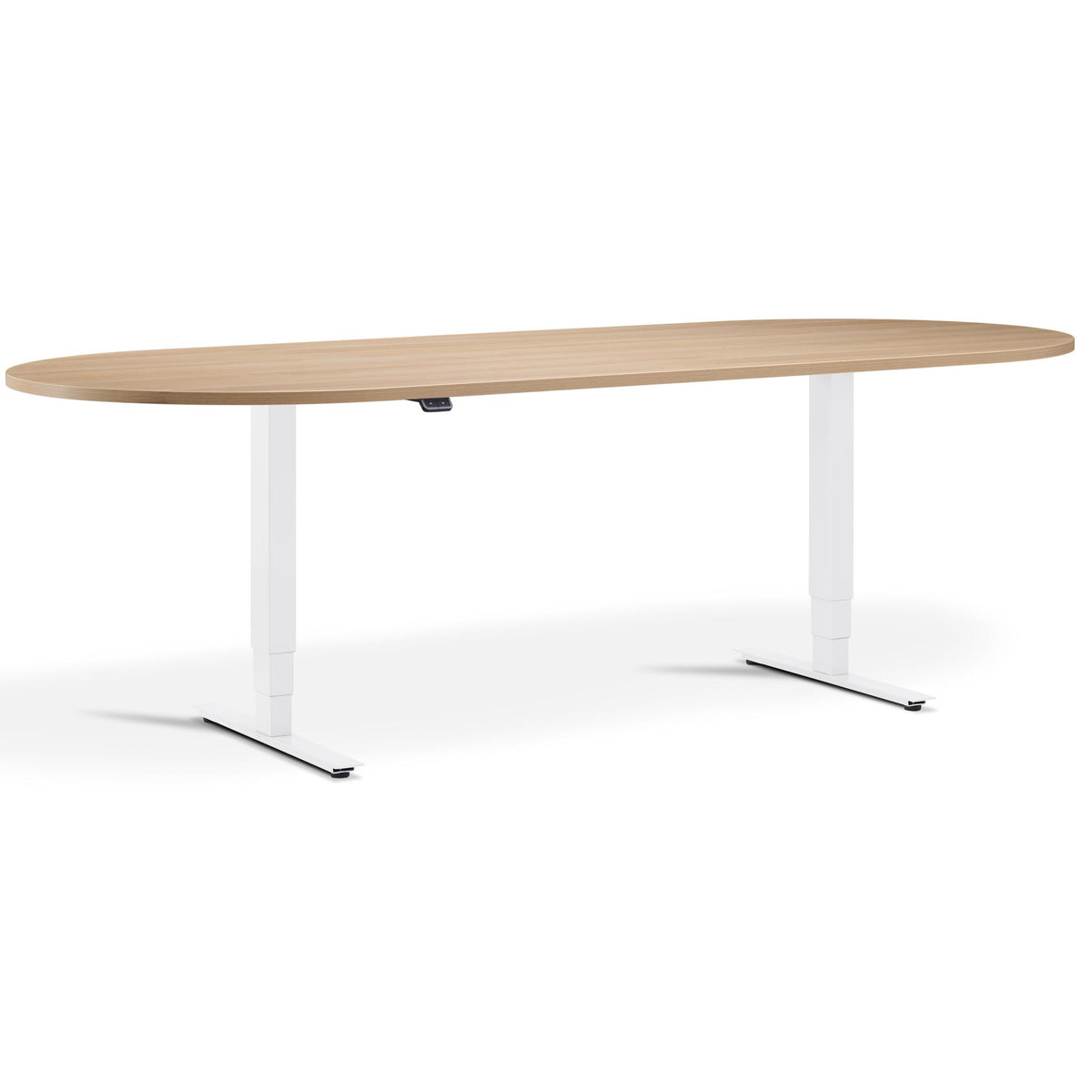 Height Adjustable Office Meeting Room Table - Altura Core D End - White Frame -  Natural Oak Top - Studio Image