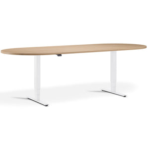 Height Adjustable Office Meeting Room Table - Altura Core D End - White Frame -  Natural Oak Top - Studio Image