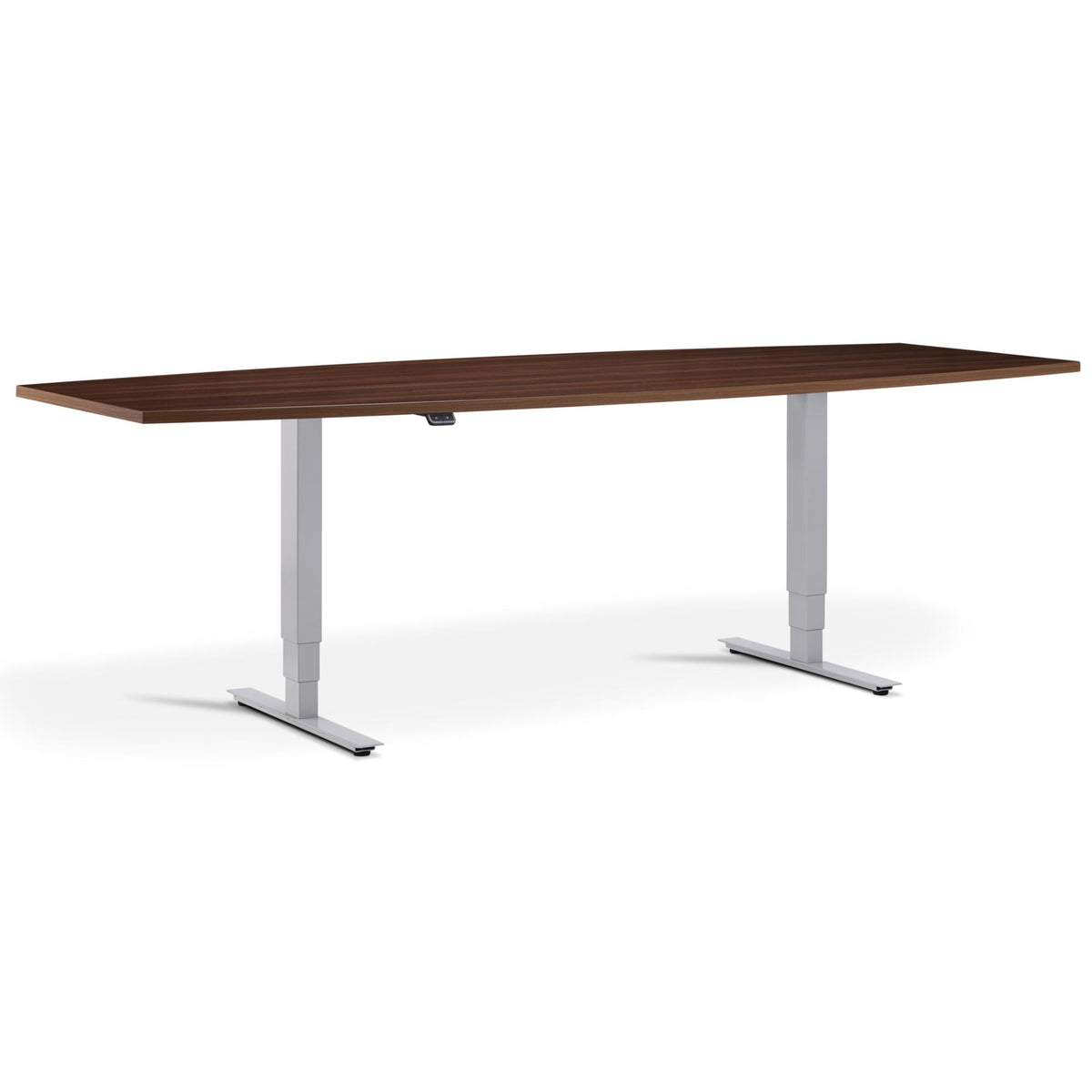 Height Adjustable Office Meeting Table
 - Altura Core Barrel End - Silver Frame - Natural Dijon Walnut Top - Studio Image