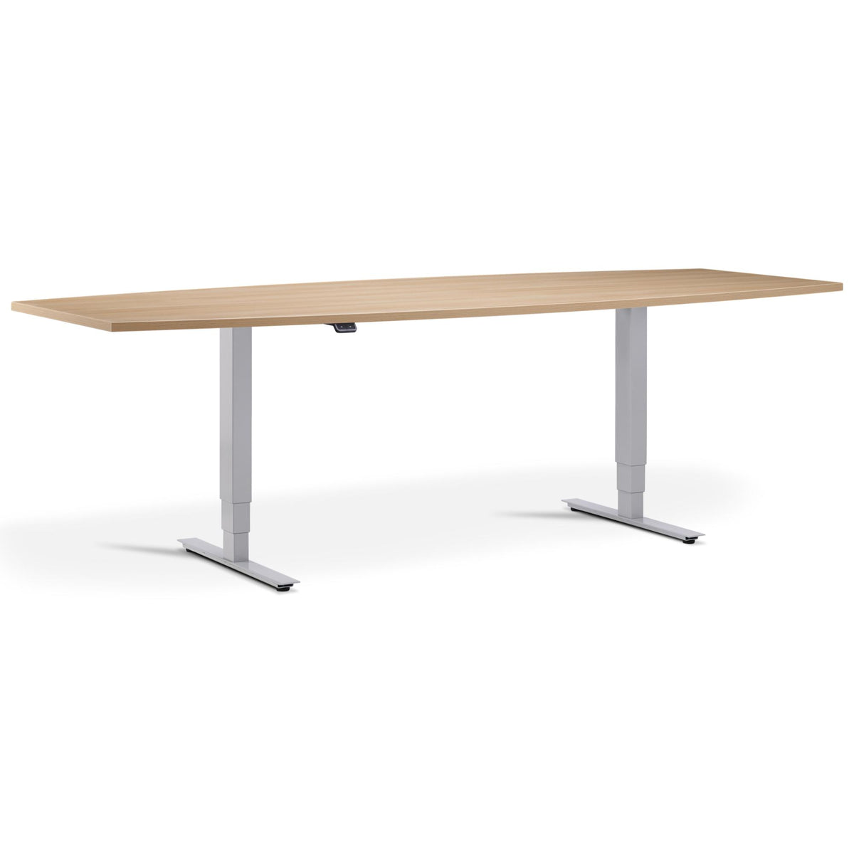 Height Adjustable Office Meeting Table
 - Altura Core Barrel End - Silver Frame - Natural Oak Top - Studio Image