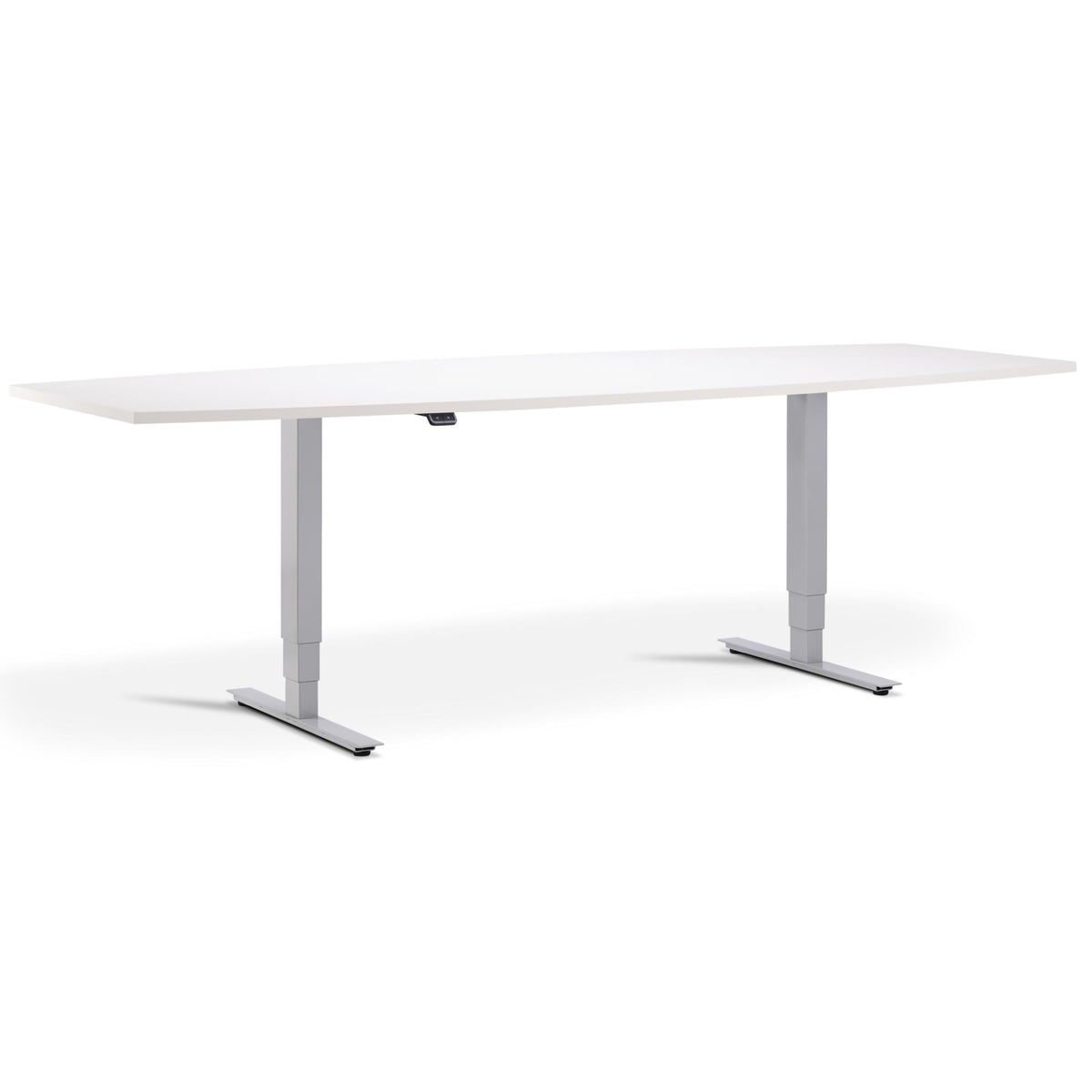 Height Adjustable Office Meeting Table
 - Altura Core Barrel End - Silver Frame - White Top - Studio Image