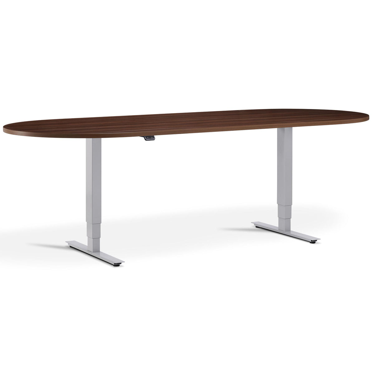 Height Adjustable Office Meeting Table - Altura Core D End - Silver Frame -  Natural Dijon Walnut Top - Studio Image