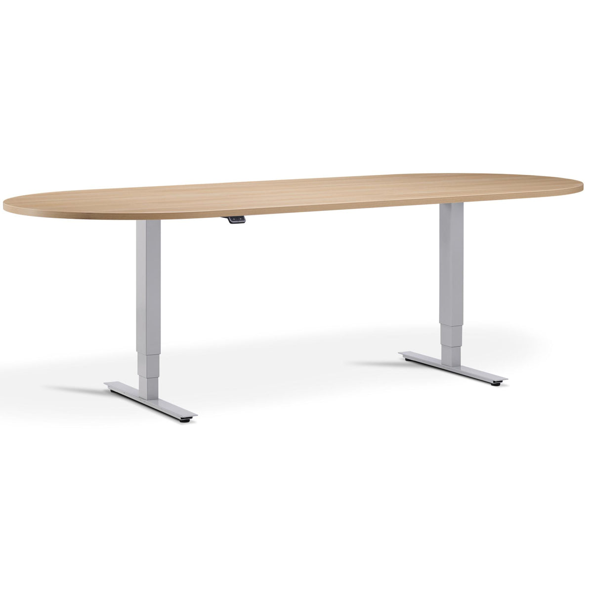 Height Adjustable Office Meeting Table - Altura Core D End - Silver Frame -  Natural Oak Top - Studio Image