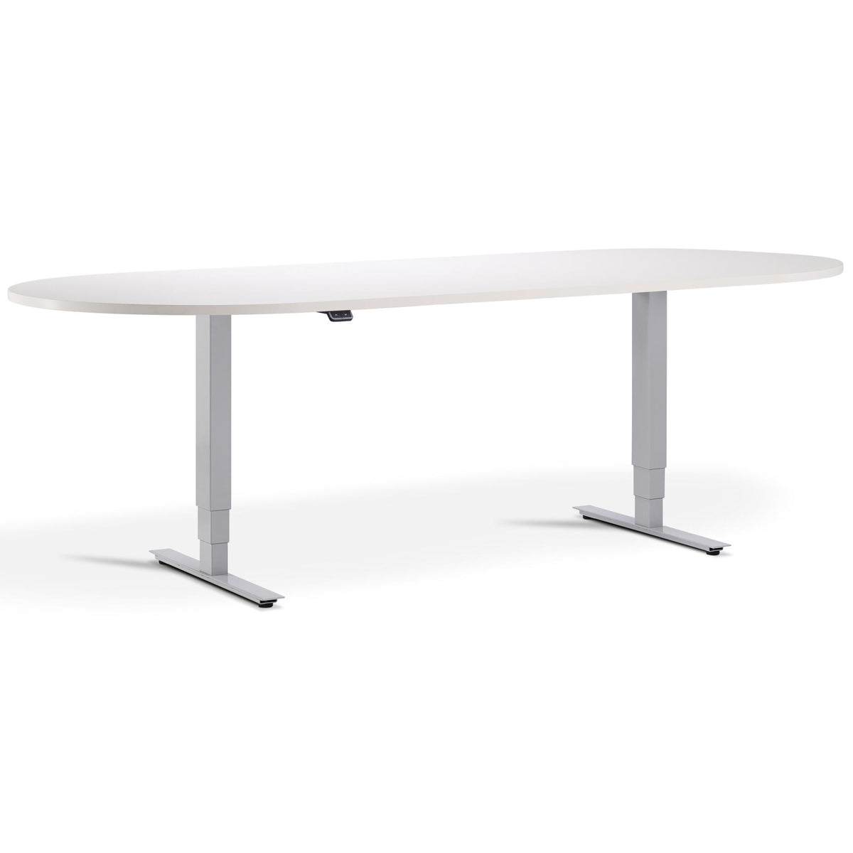 Height Adjustable Office Meeting Table - Altura Core D End - Silver Frame -  White Top - Studio Image