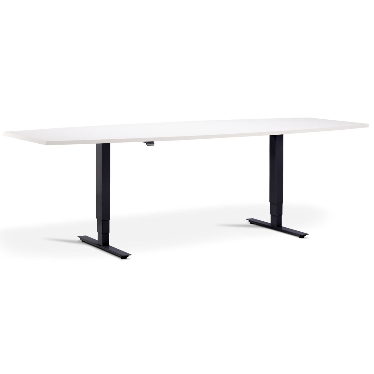 Height Adjustable Office Table - Altura Core Barrel End - Black Frame -  White Top - Studio Image