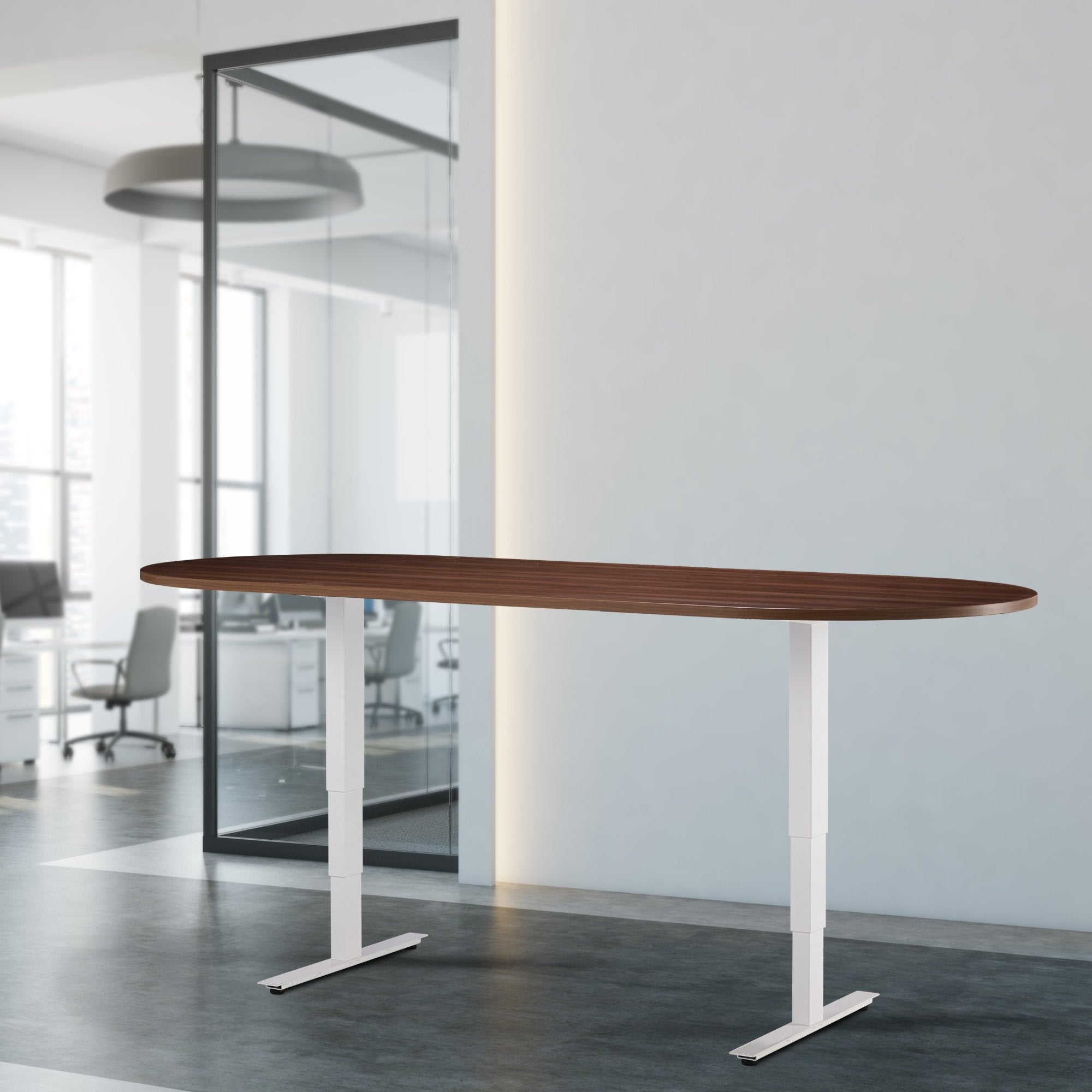 Height Adjustable Office Table - Altura Core - White Frame - Dijon Walnut Top - Front View Office Setup