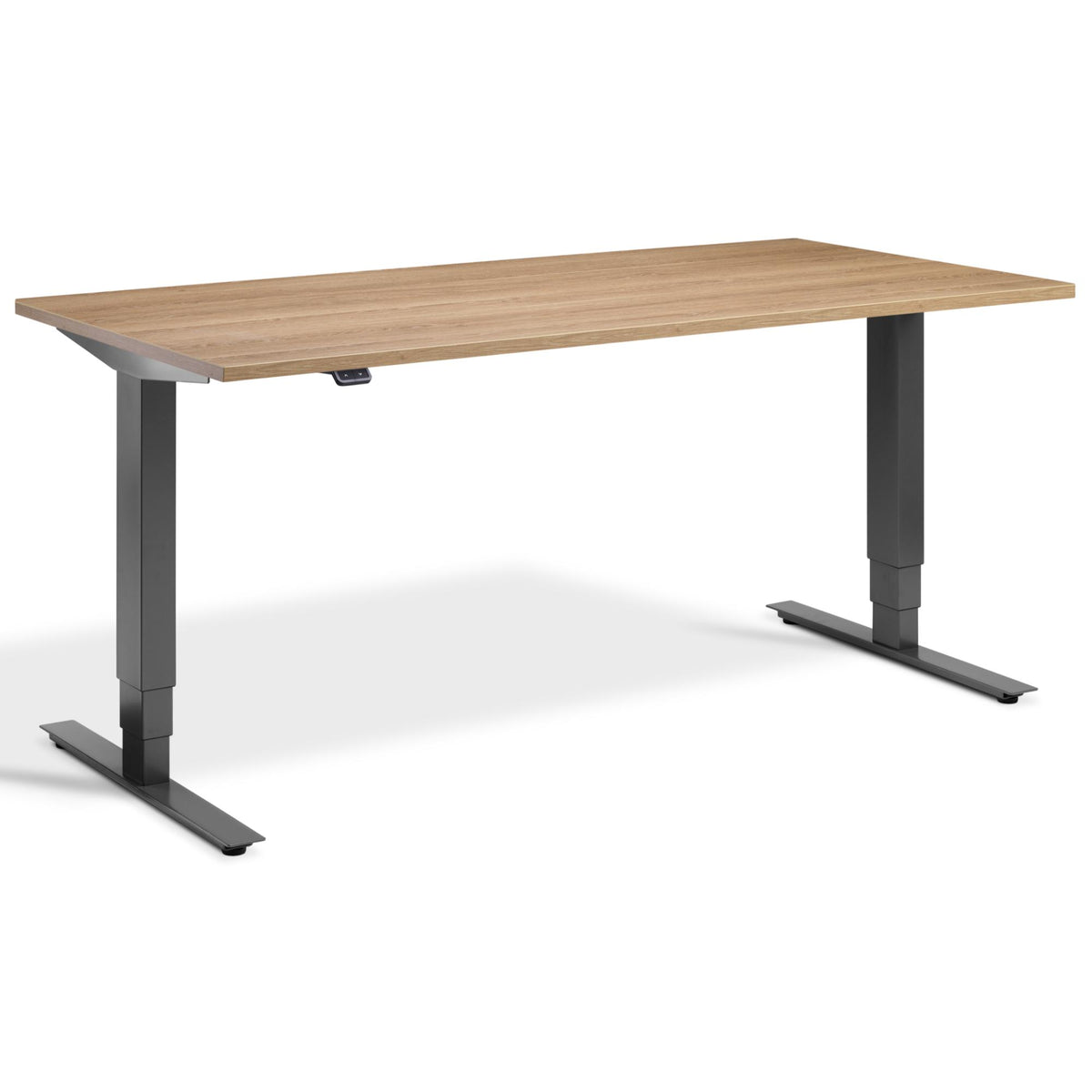 Height Adjustable Computer Desk - Masta Desk - Dark Grey Frame - Brown Oak Top - Studio Image