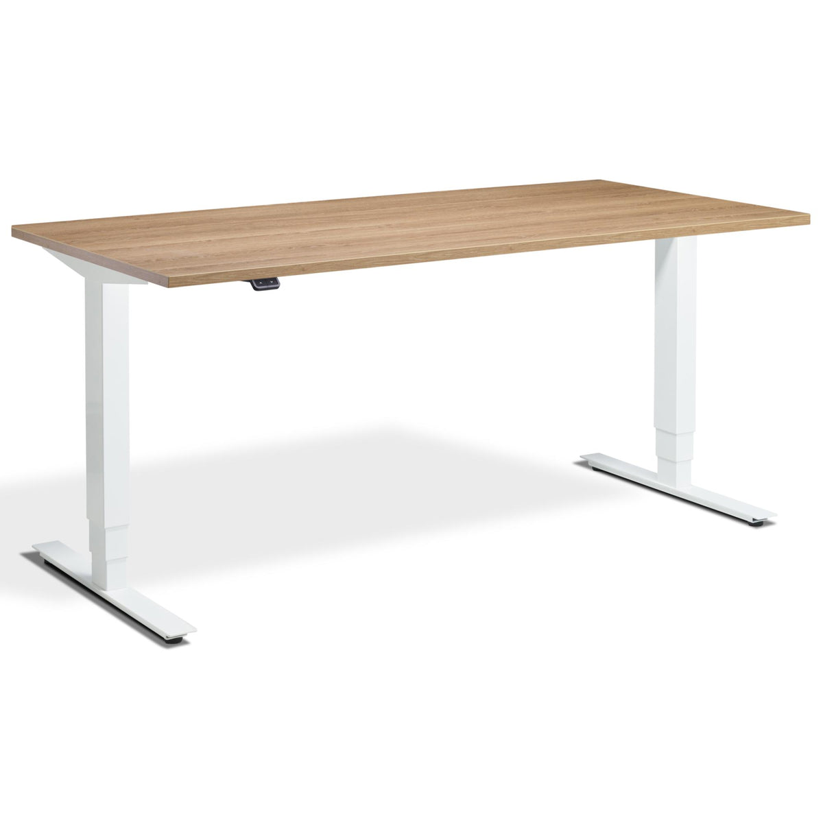 Height Adjustable Computer Desk - Masta Desk - White Frame - Brown Oak Top - Studio Image
