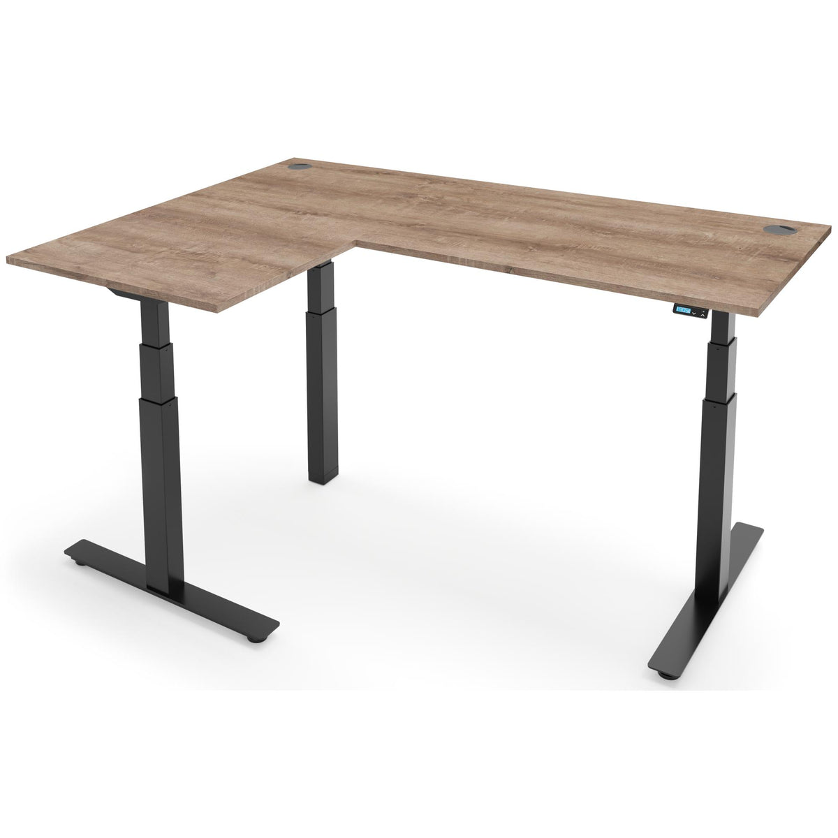 Height Adjustable Corner Desk - Rize-Corner - Black Frame - Grey Nebraska Oak Top - Studio Image