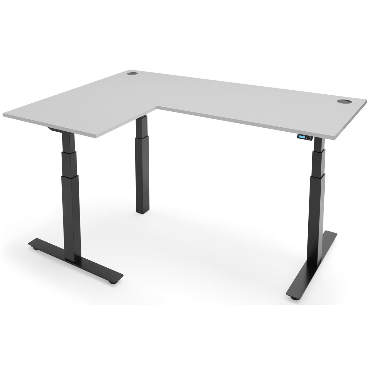 Height Adjustable Corner Desk - Rize-Corner - Black Frame - Light Grey Top - Studio Image