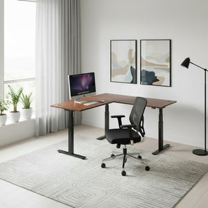 corner standing desk in home office setting with chair in front