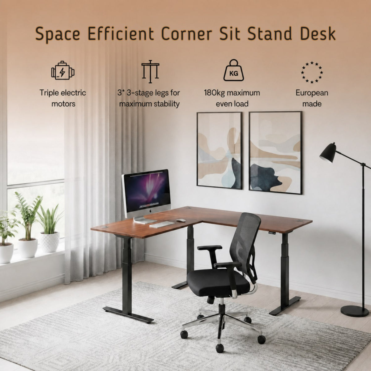 Height adjustable corner desk with features shown