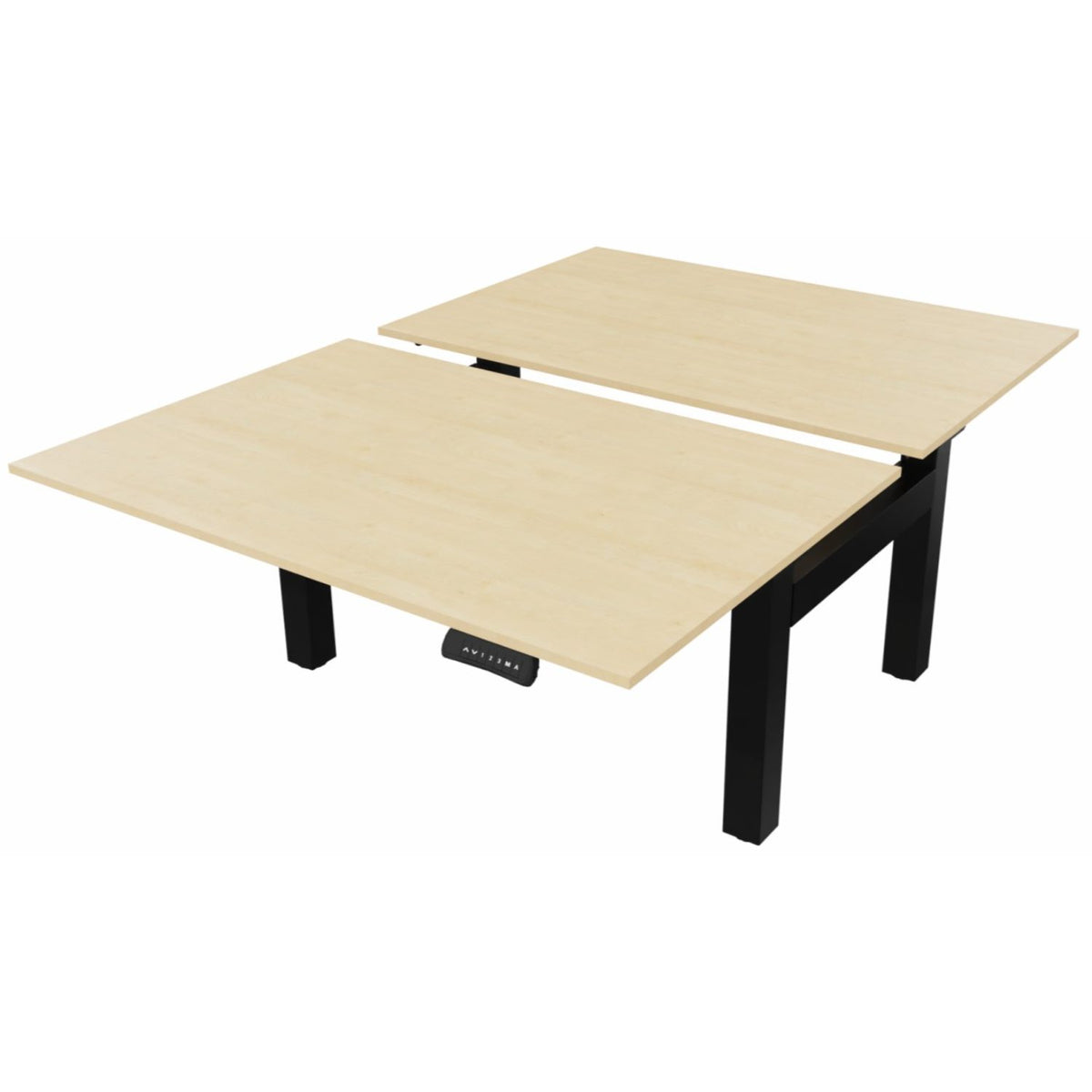 Height adjustable desk for 2 with maple desk tops and black frame