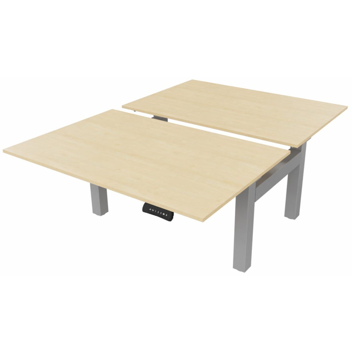 Height adjustable desk for 2 with maple desk tops and silver frame