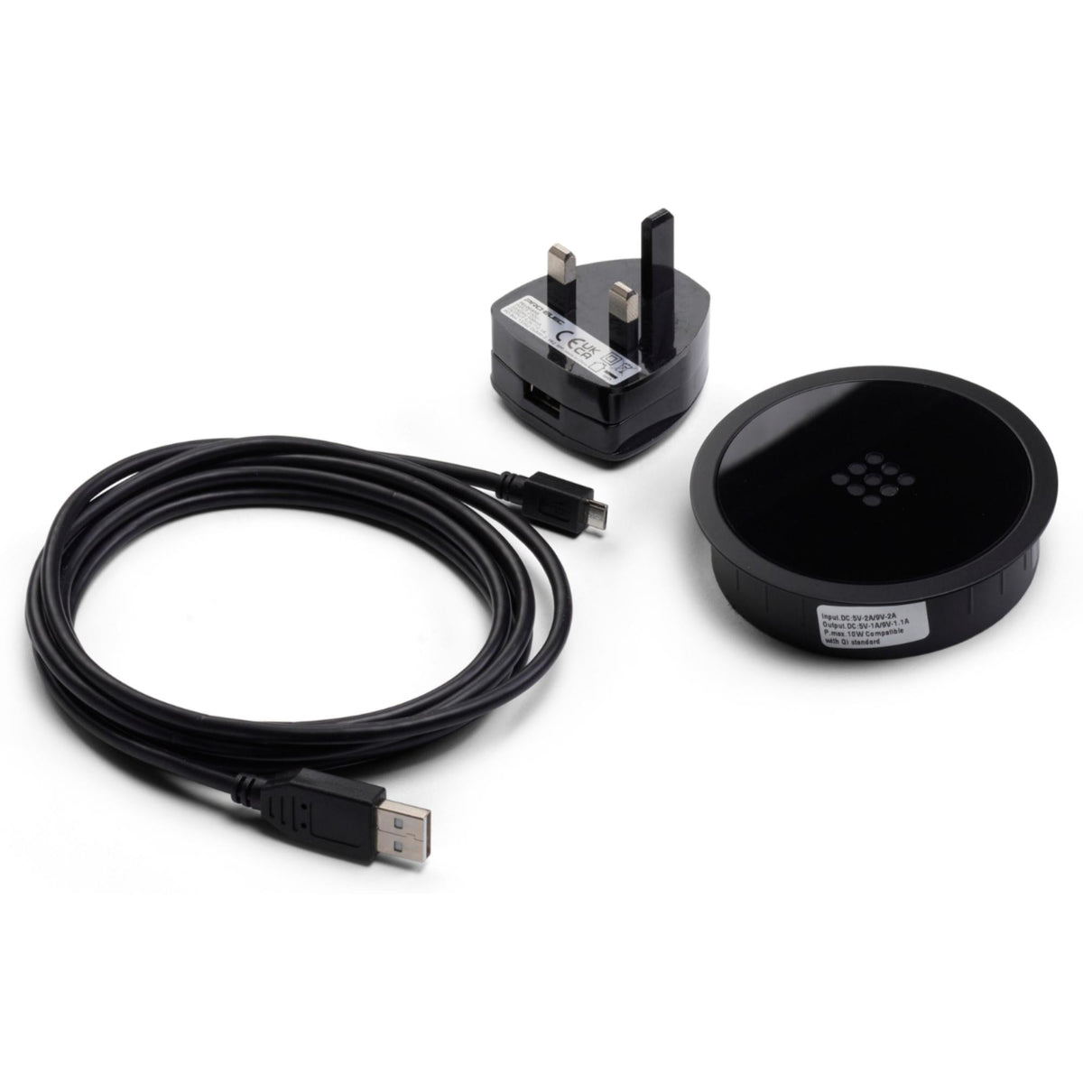 In Desk Top Wireless Charger - 80mm Matt Black with Connector and Plug