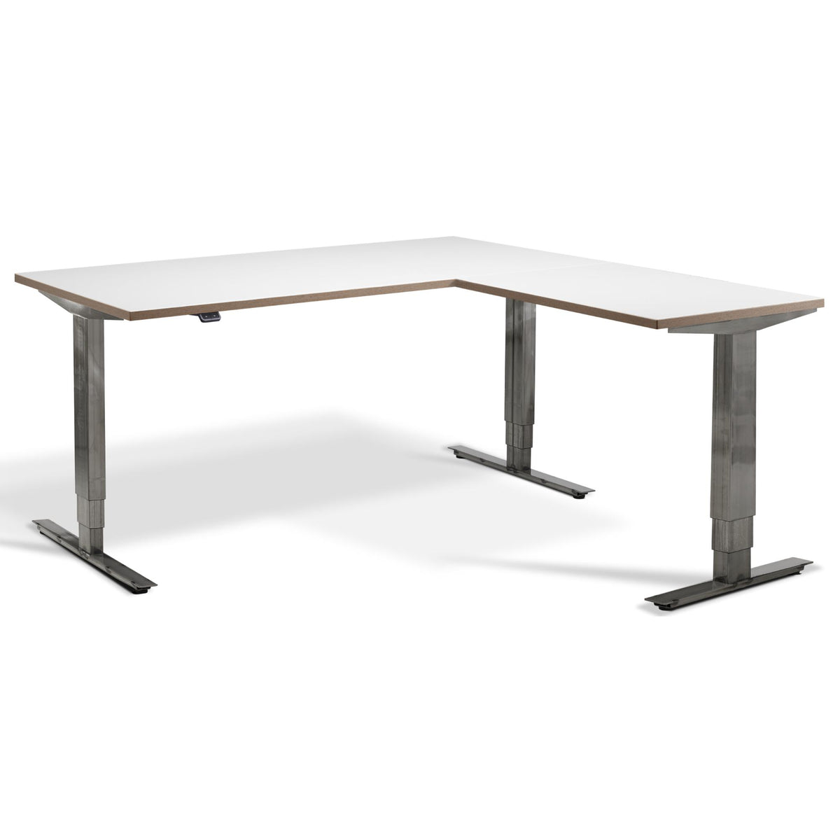 Industrial Sit Stand Corner Desk - Smyth - White Ply Edge Top - Studio Image