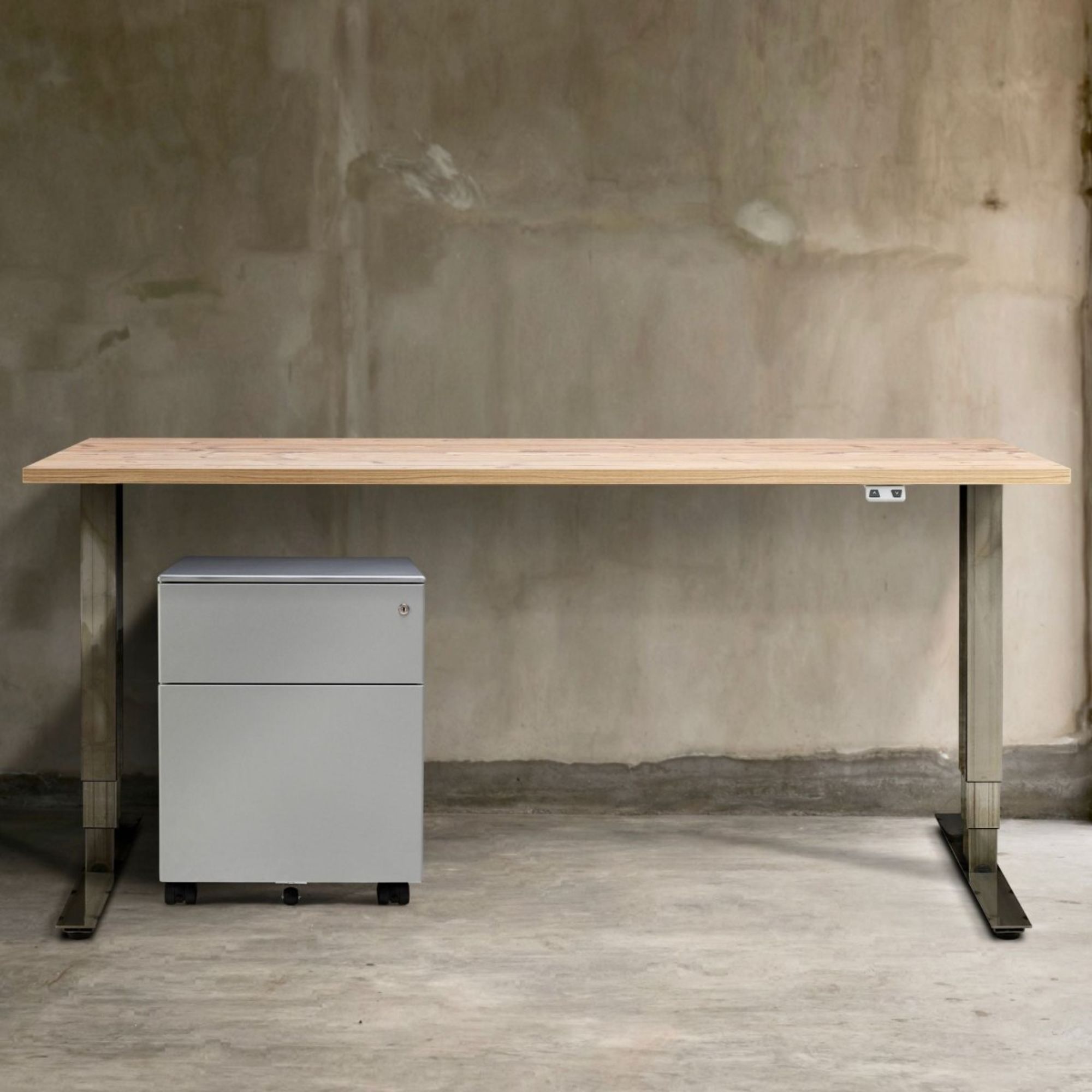 Industrial Standing Desk - Raw Steel Smyth - Brown Oak Top - Front View