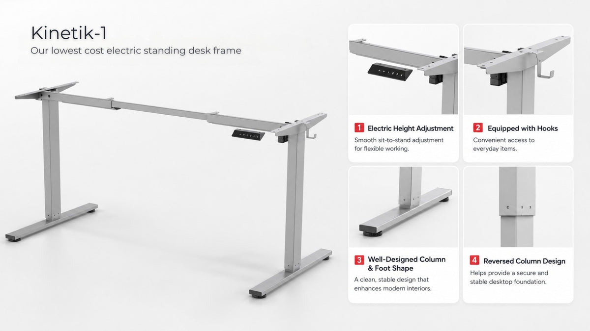 Kinetik-1 motorised desk frame with silver frame and feature panels showing height adjustment, hooks, column design, and foot shape