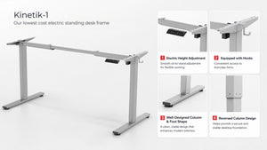 Kinetik-1 motorised desk frame with silver frame and feature panels showing height adjustment, hooks, column design, and foot shape