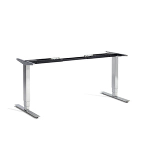 Polished chrome standing desk frame viewed from front