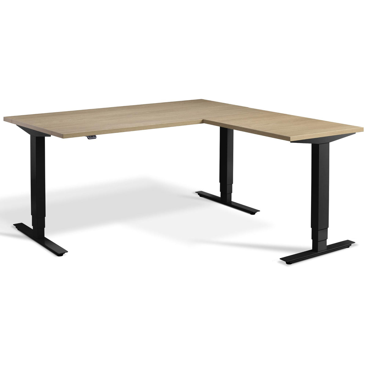 L Shaped Standing Desk - Masta Corner - Black Frame - Natural Oak Top - Studio Image