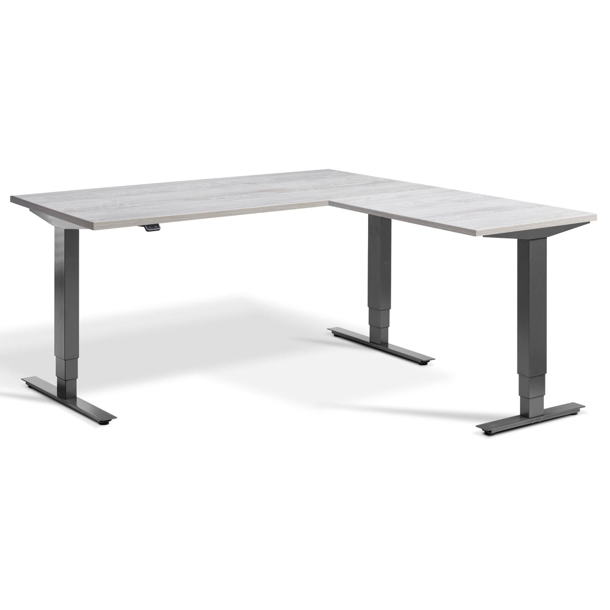 L-Shaped Adjustable Desk - Advance Corner - Dark Grey Frame - Cascina Pine Top - Studio Image