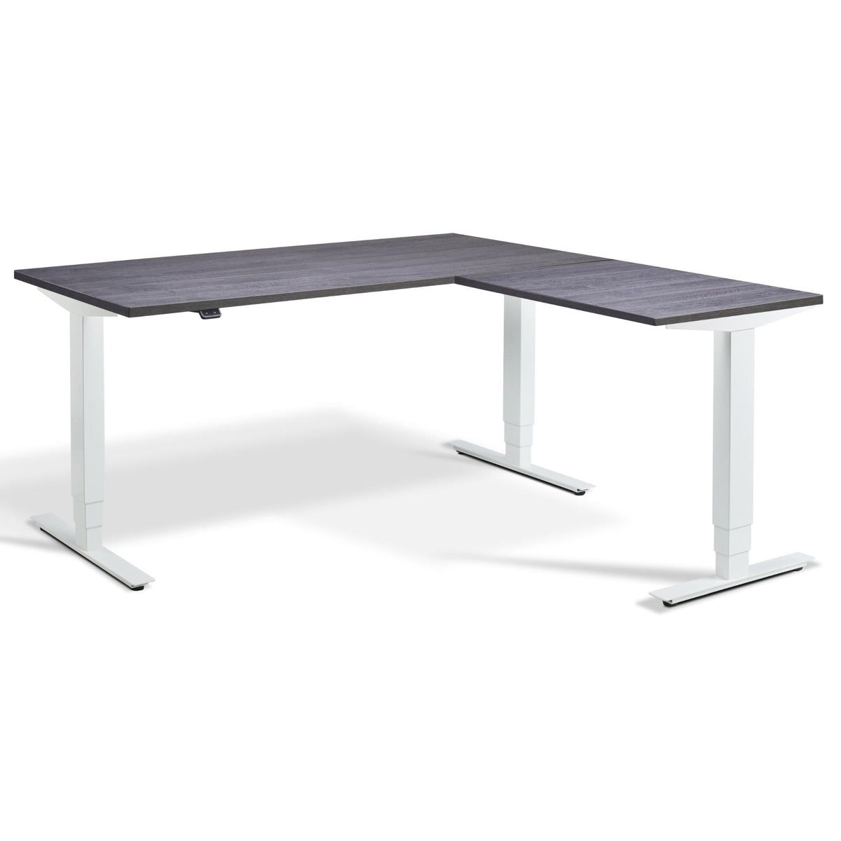 L-Shaped Adjustable Desk - Advance Corner - White Frame - Anthracite Sherman Oak Top - Studio Image