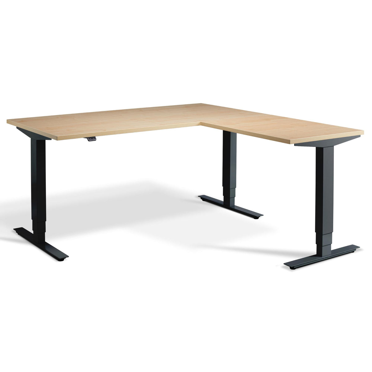 L-Shaped Sit-Stand Desk - Advance Corner - Black Frame - Maple Top - Studio Image