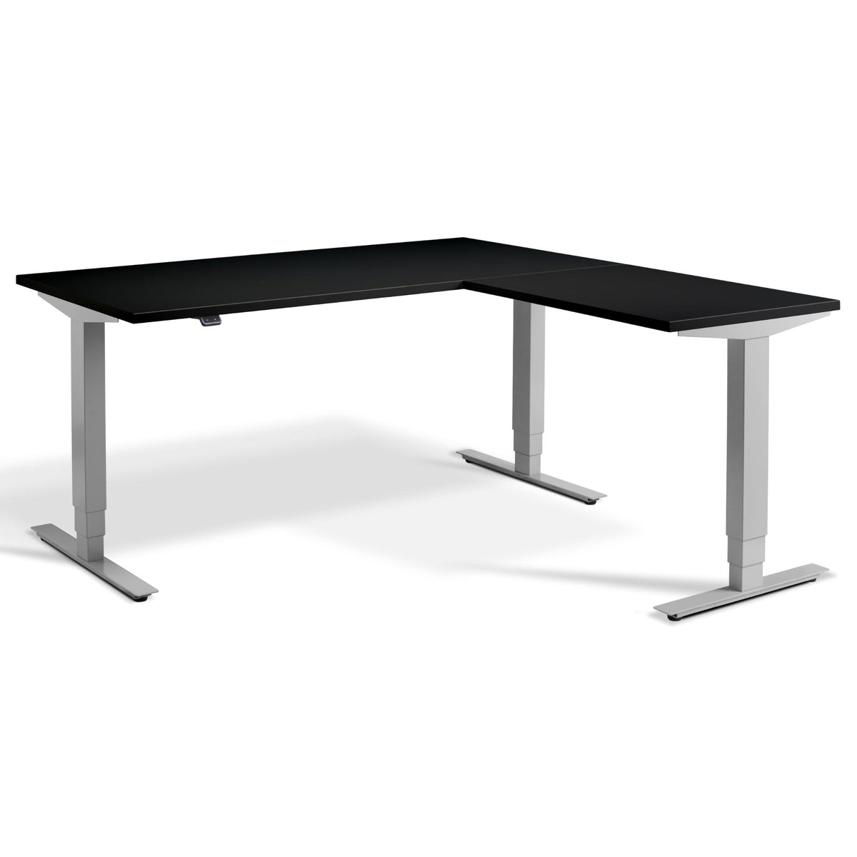 L Shape Sit Stand Desk - Masta Corner - Silver Frame - Black Top - Studio Image