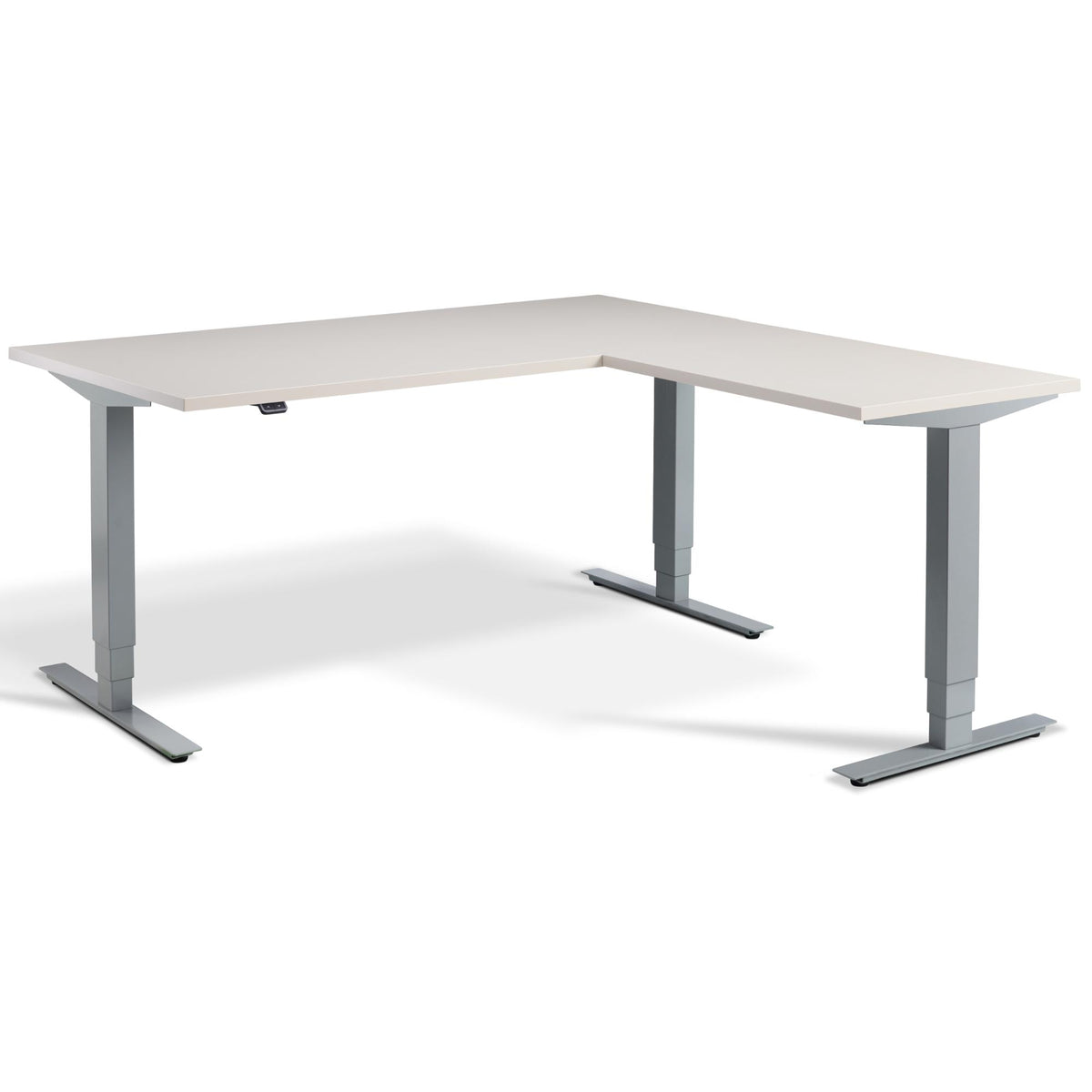 L Shape Sit Stand Desk - Masta Corner - Silver Frame - Cashmere Top - Studio Image