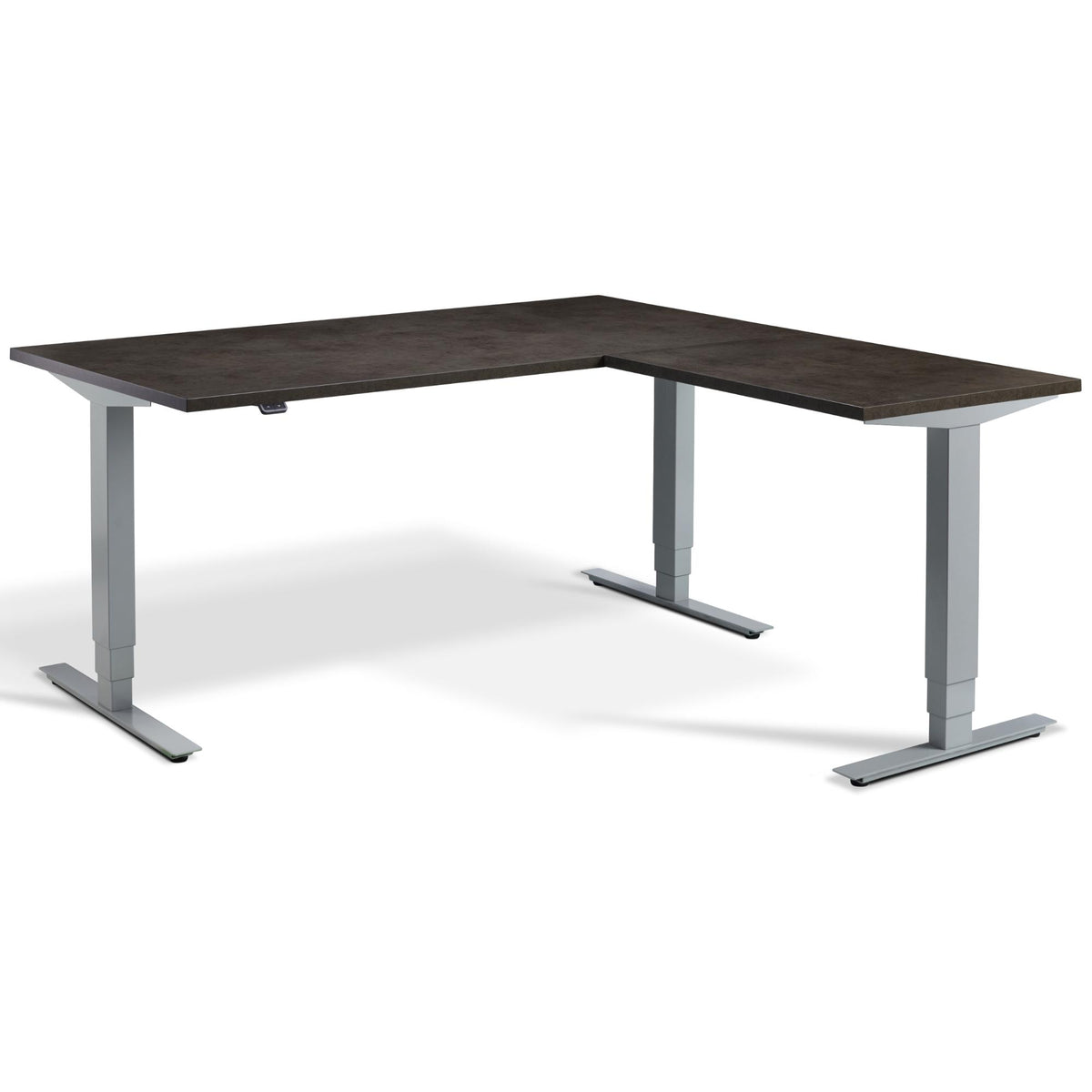 L Shape Sit Stand Desk - Masta Corner - Silver Frame - Dark Concrete Top - Studio Image