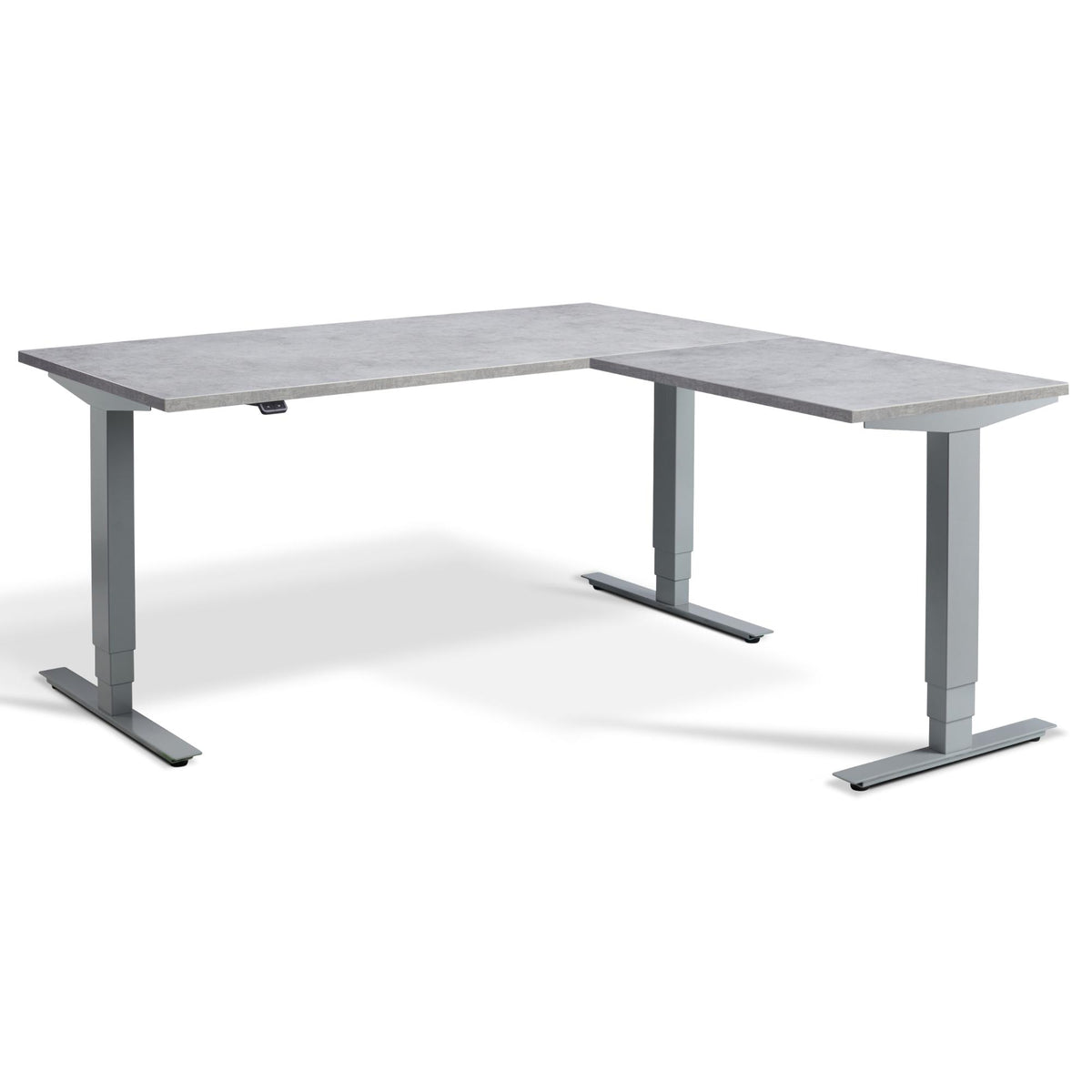 L Shape Sit Stand Desk - Masta Corner - Silver Frame - Light Concrete Top - Studio Image