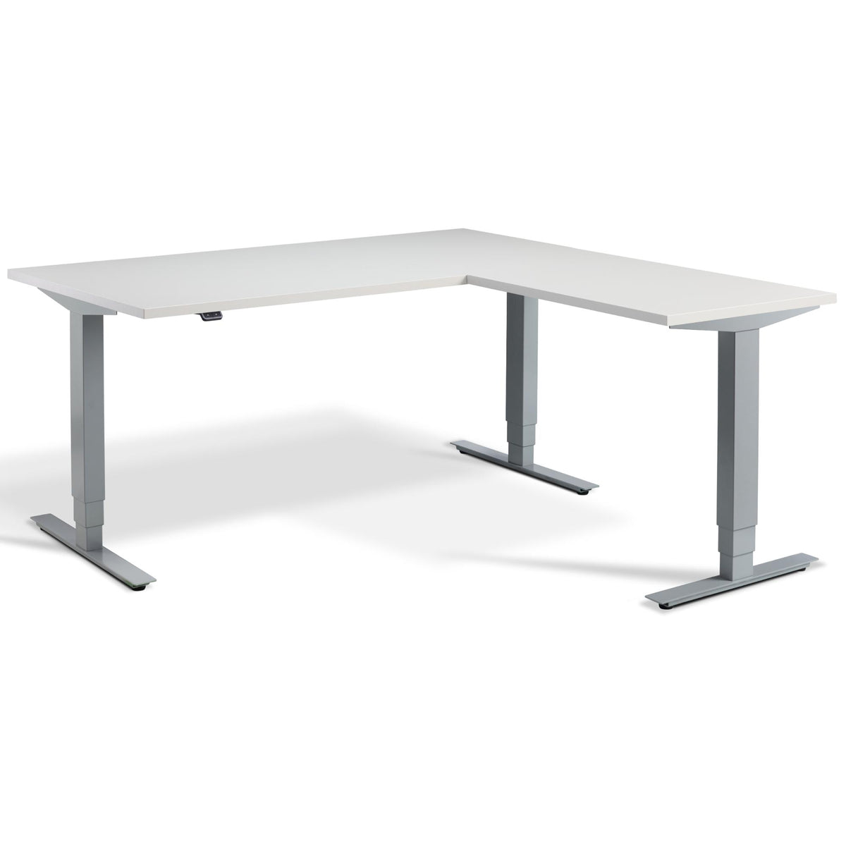 L Shape Sit Stand Desk - Masta Corner - Silver Frame - Light Grey Top - Studio Image