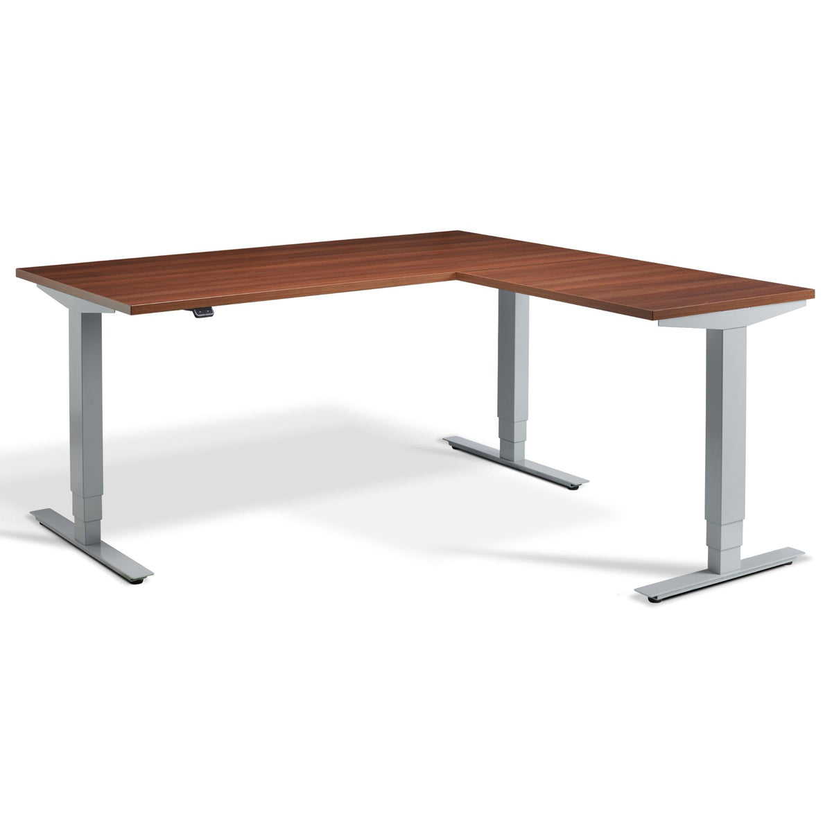 L Shape Sit Stand Desk - Masta Corner - Silver Frame - Natural Dijon Walnut Top - Studio Image