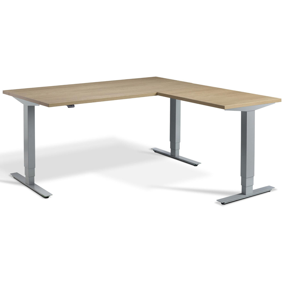 L Shape Sit Stand Desk - Masta Corner - Silver Frame - Natural Oak Top - Studio Image