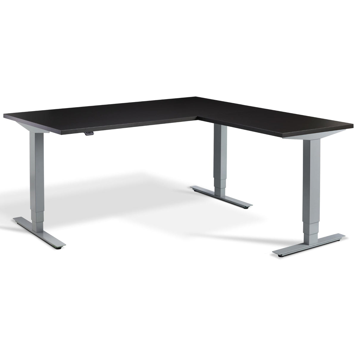 L Shape Sit Stand Desk - Masta Corner - Silver Frame - Soft Black Top - Studio Image