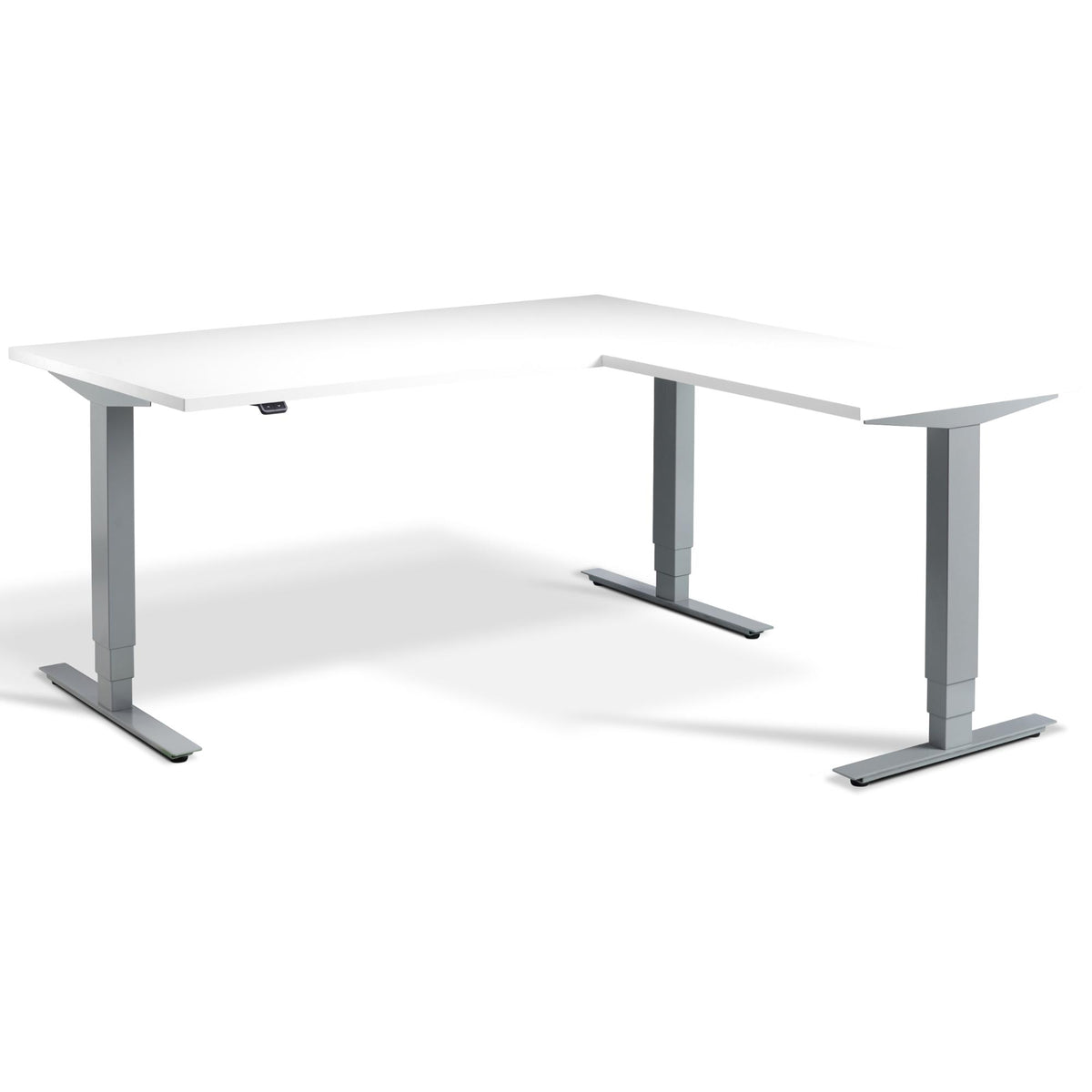 L Shape Sit Stand Desk - Masta Corner - Silver Frame - White Top - Studio Image