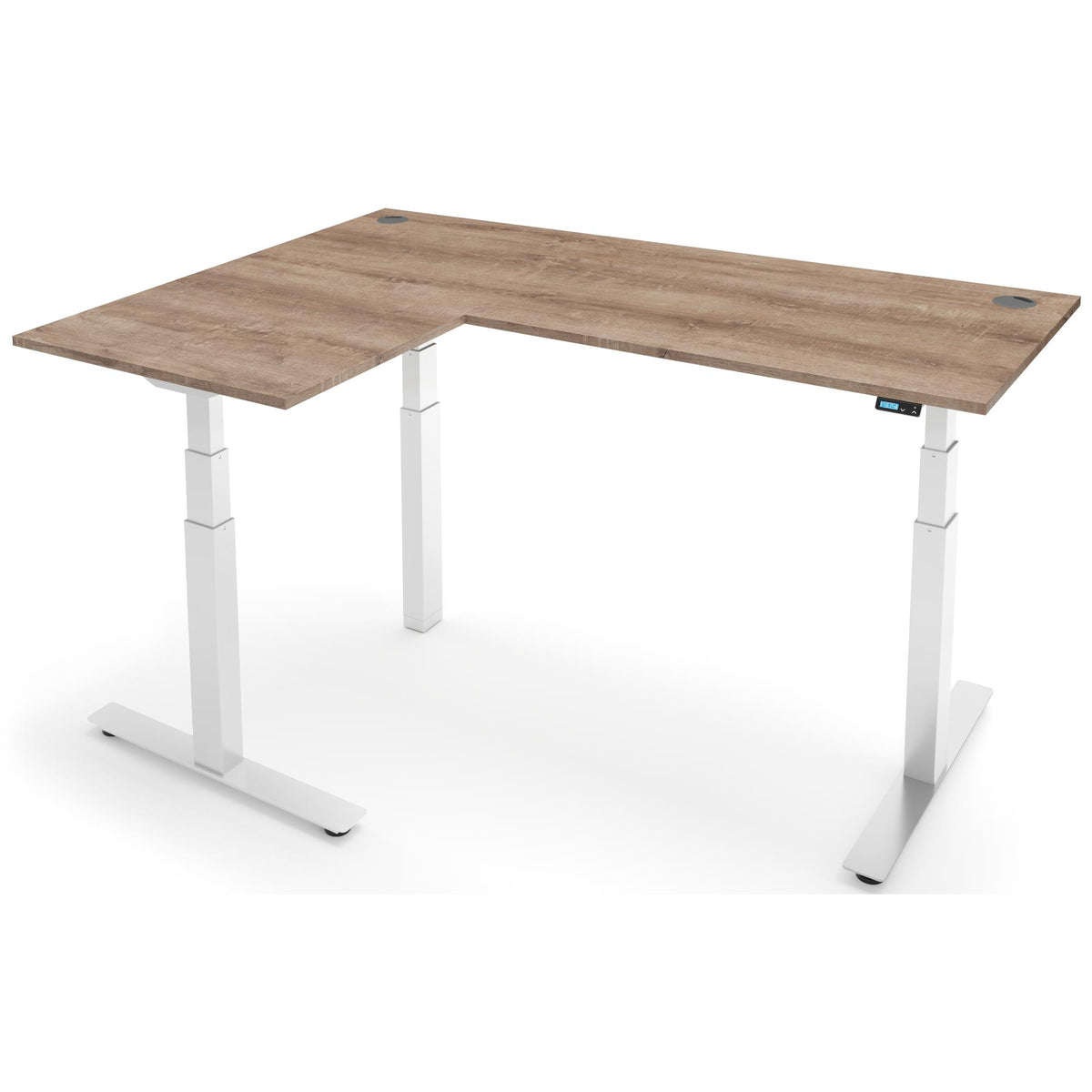 L Shape Smart Desk - NeoActiv3+ - White Frame - Grey Nebraska Oak Top - Studio Image