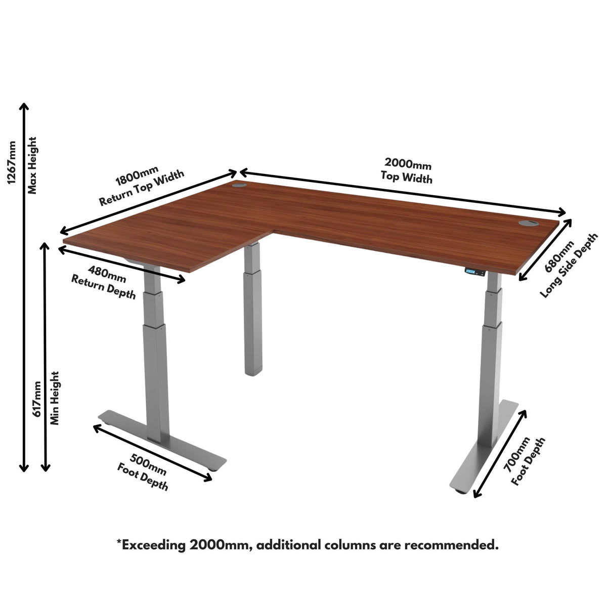 L Shape Smart Desk - NeoActiv3+ Desk - Dimensions