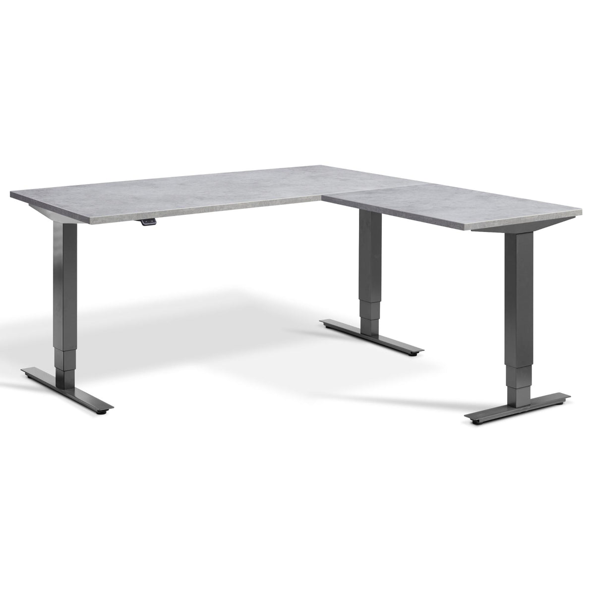 L Shape Standing Desk - Advance Corner - Dark Grey Frame - Light Concrete Top - Studio Image