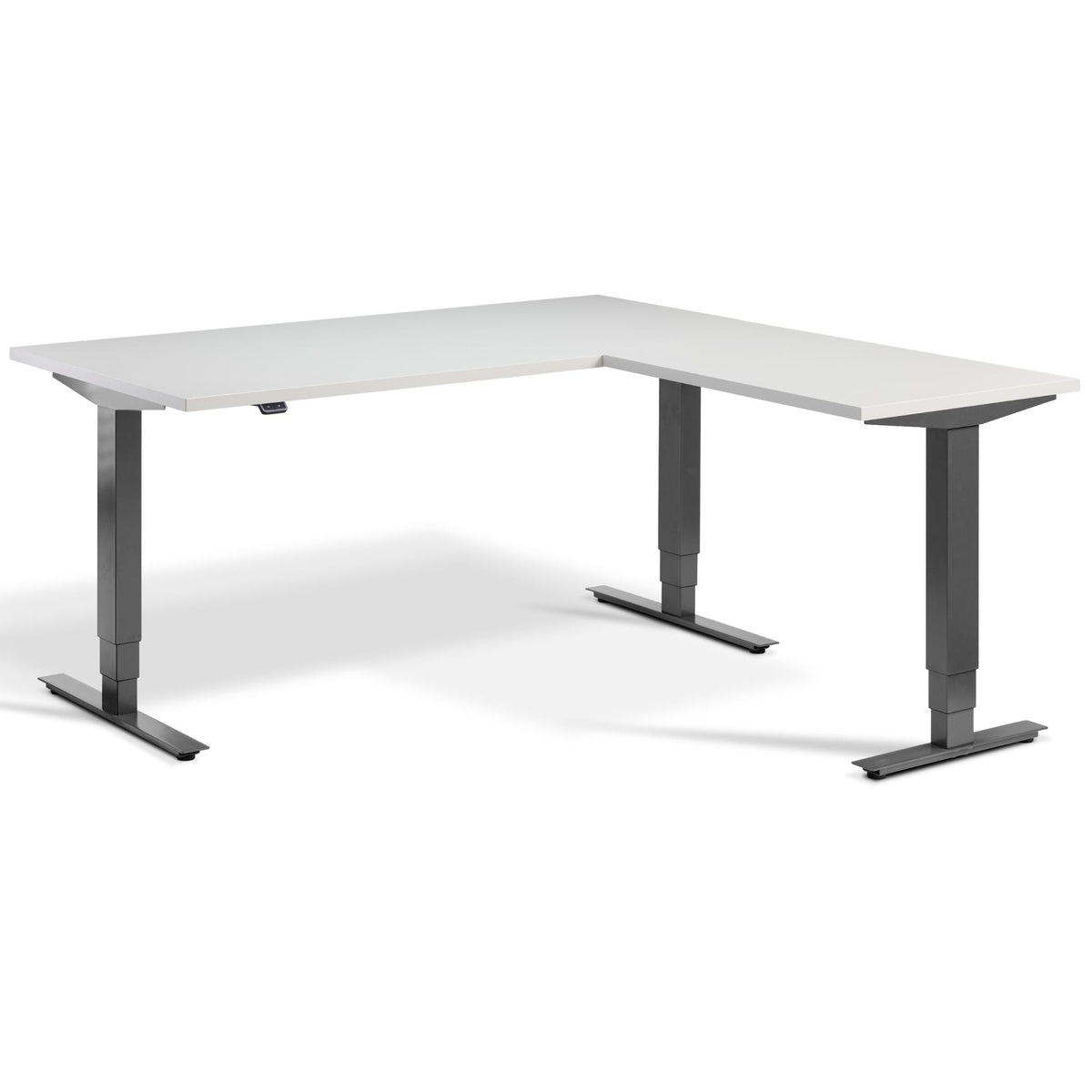 L Shape Standing Desk - Advance Corner - Dark Grey Frame - Light Grey Top - Studio Image