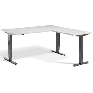 L Shape Standing Desk - Advance Corner - Dark Grey Frame - Light Grey Top - Studio Image