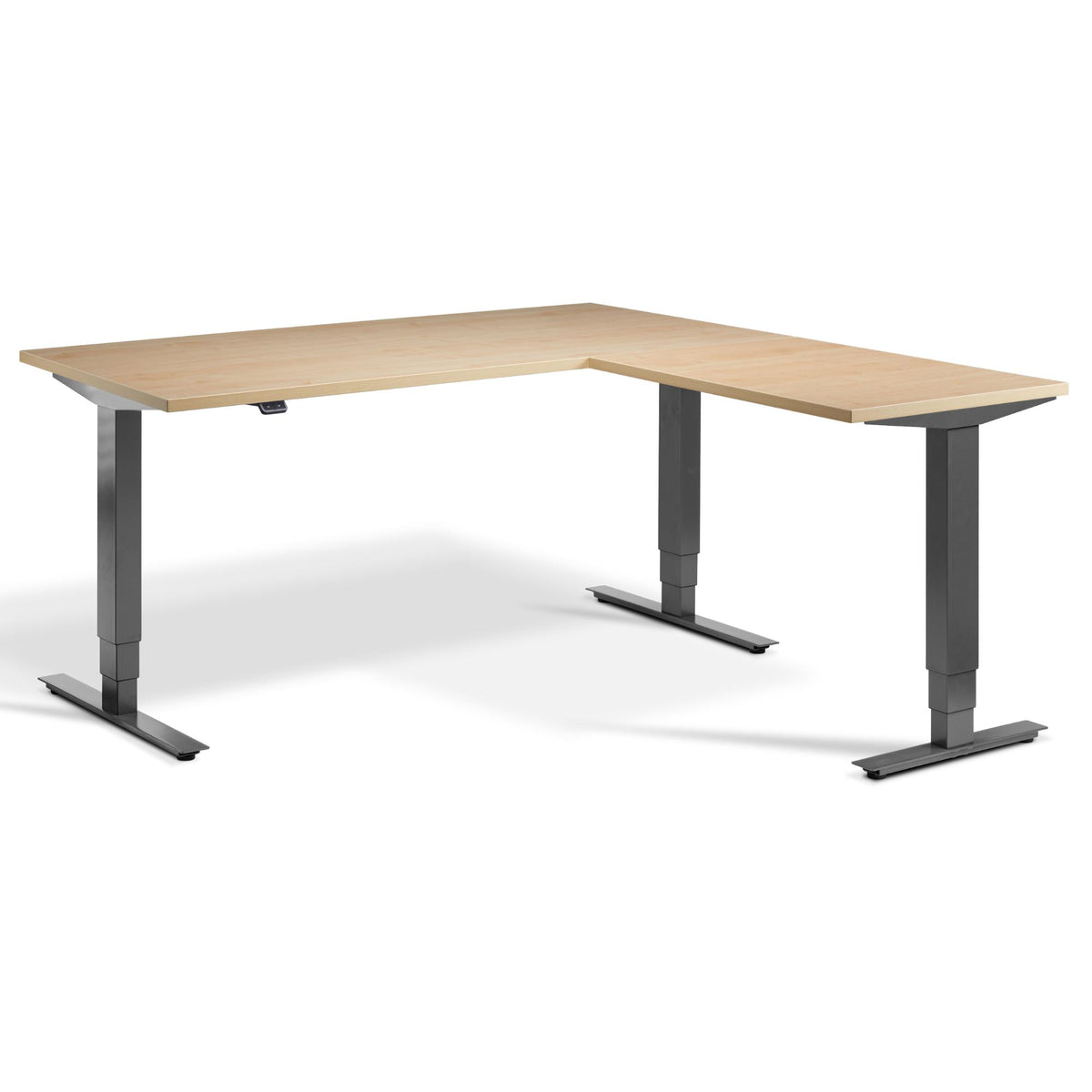 L Shape Standing Desk - Advance Corner - Dark Grey Frame - Maple Top - Studio Image