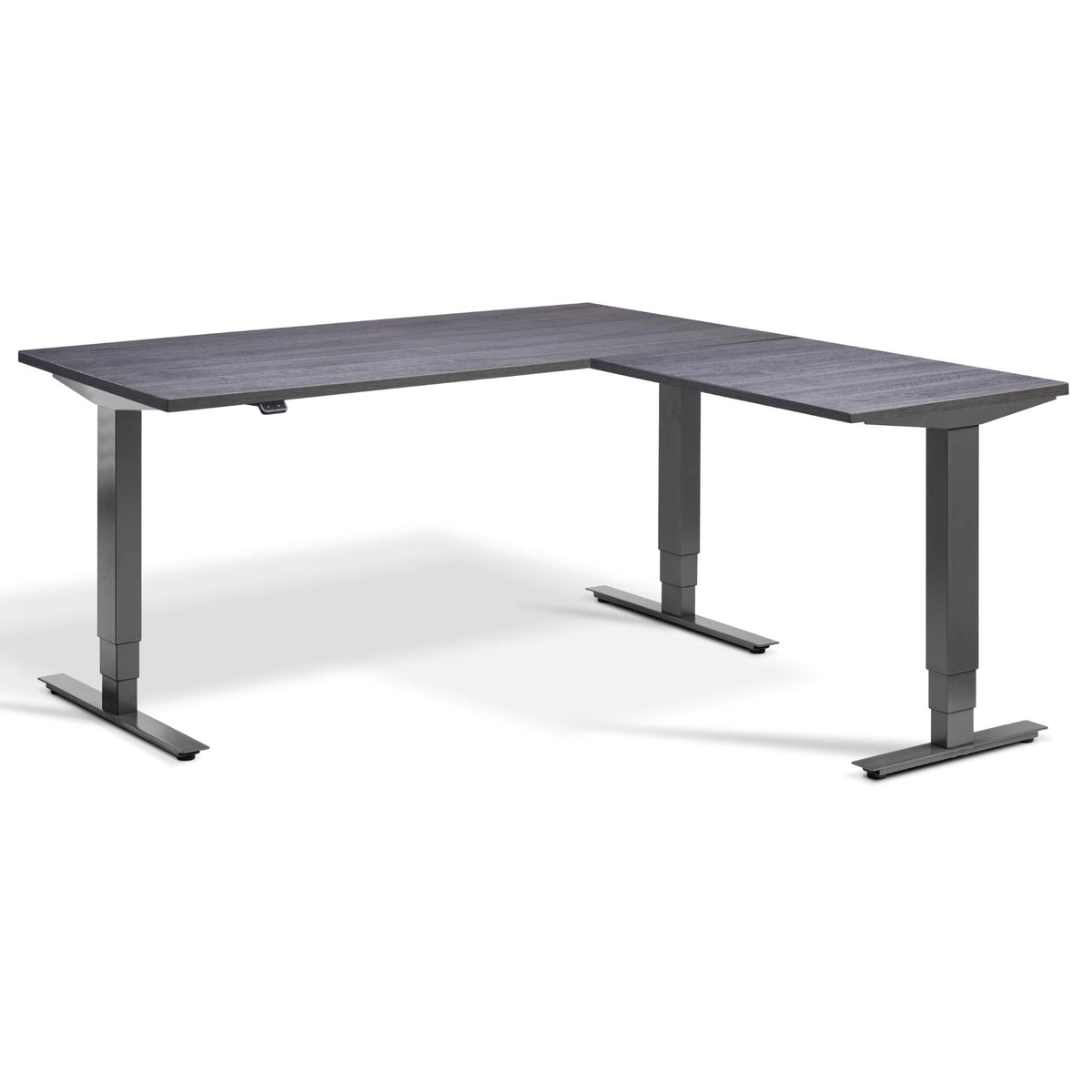 L Shape Standing Desk - Masta Corner - Dark Grey Frame - Anthracite Sherman Oak Top - Studio Image