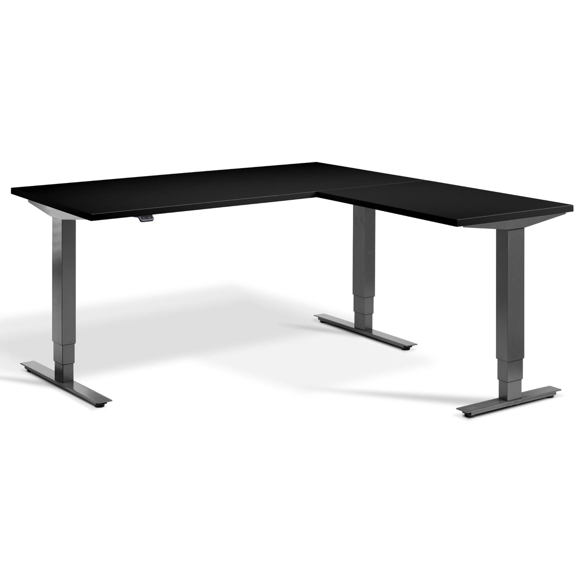 L Shape Standing Desk - Masta Corner - Dark Grey Frame - Black Top - Studio Image