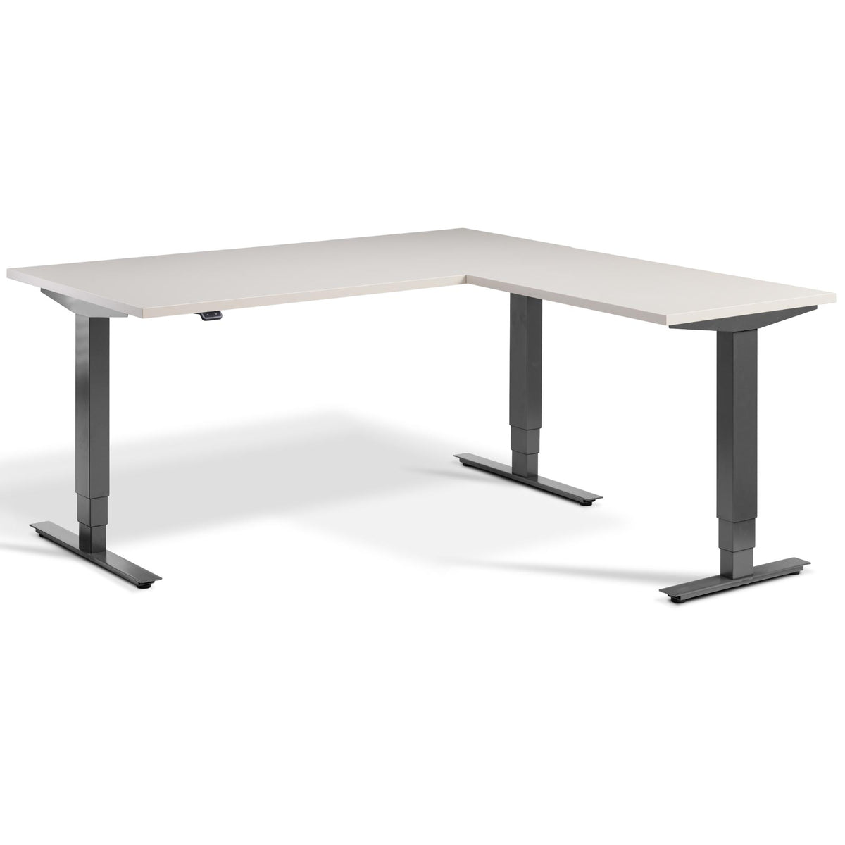 L Shape Standing Desk - Masta Corner - Dark Grey Frame - Cashmere Top - Studio Image