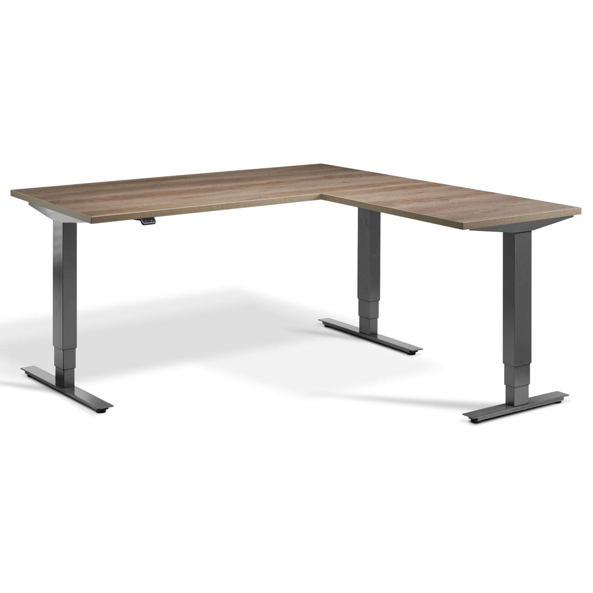 L Shape Standing Desk - Masta Corner - Dark Grey Frame - Grey Nebraska Oak Top - Studio Image